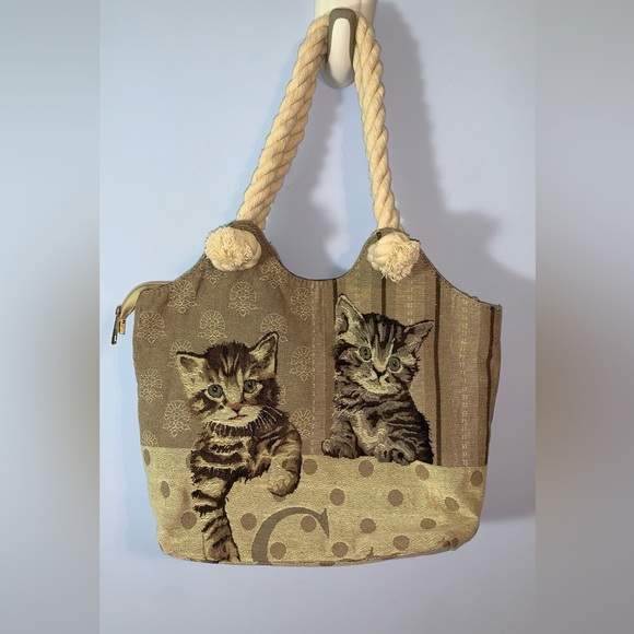 To go go Charming Cat Print tapestry Tote Bag - Brown and Tan rope handles - Picture 1 of 6